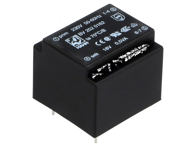Transformator: ingegoten; 0,5VA; 230VAC; 18V; 28mA; PCB; BV Transformator: ingegoten; 0,5VA; 230VAC; 18V; 28mA; PCB; BV